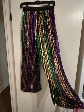 Sequined Mardi Gras Stripe Wide-Leg Pants - Purple, Green & Gold